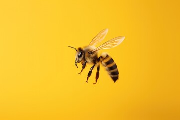 One close up honey bee on studio yellow coloured background. - obrazy, fototapety, plakaty
