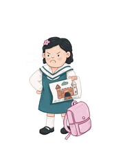 illustration of an angry little girl carrying coloring paper