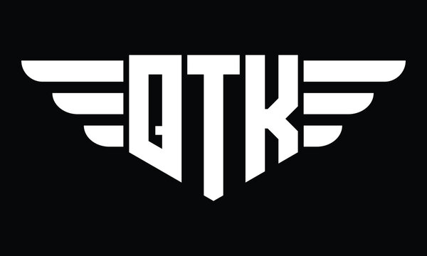 QTK three letter logo, creative wings shape logo design vector template. letter mark, word mark, monogram symbol on black & white.