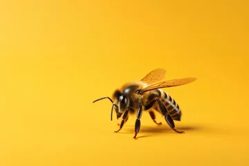 Gordijnen One close up honey bee on studio yellow coloured background. © Twomeows_AS