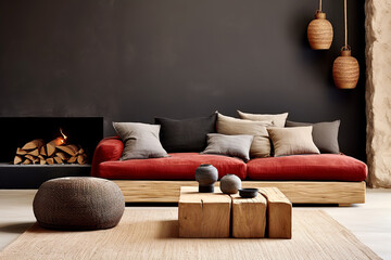 Wood log coffee table near rustic sofa with red cushion and grey and beige pillows against black...