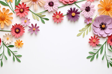 Paper cut flowers and leaves, Fresh spring nature background. Floral banner, poster, flyer template with copy space.