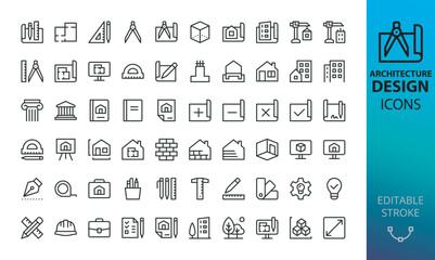 Architecture and design isolated icons set. Set of architectural project, blueprint, apartment plan, floorplan, divider, architecture drawing, architect, design tools vector icon with editable stroke