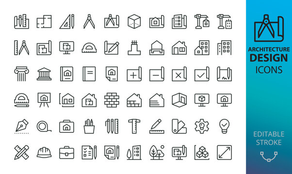Architecture and design isolated icons set. Set of architectural project, blueprint, apartment plan, floorplan, divider, architecture drawing, architect, design tools vector icon with editable stroke
