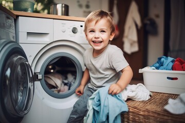 child boy doing laundry at home