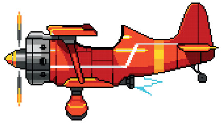 Pixel art biplane plane icon for 8 bit game on light blue background