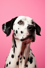 Portrait of one dalmation on pink background.