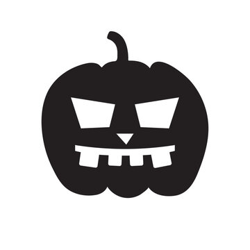 Big simple black pumpkin silhouette with sacry face on white background for halloween, icon, greetig cards, fabrics, webs 