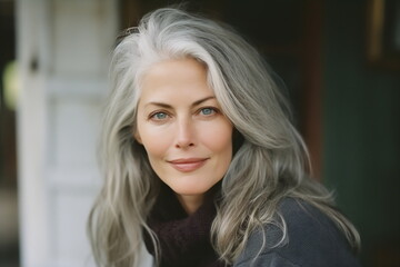 Fototapeta premium Smiling middle age grey-haired woman in outside. Autumn