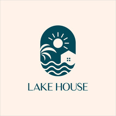 lake house with palm tree and sun premium logo vector