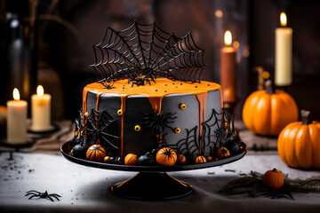 Fototapeta na wymiar Halloween Cake covered with mastic and decorated cobweb, spiders and small pumpkins