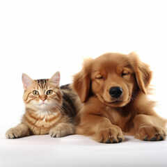 A Bengali cat and a golden dog happily lie on a whi, generative ai