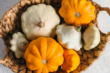 Autumn composition for Thanksgiving Day with variety of pattypan squashes on white kitchen table. Flat lay, top view, close up.