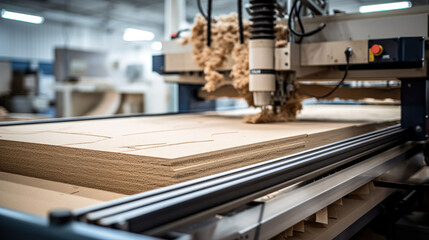Cutting sheets of chipboard. Cutting sheet material chipboard on the machine. Production of kitchen facades on a drilling and filling machine for furniture facades. - obrazy, fototapety, plakaty