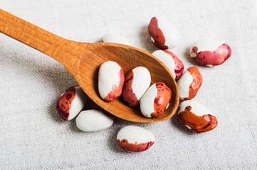 Spoon with raw organic white beans on the table and burlap sack, ingridient for healthy and nourishing legume cuisine