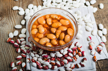 Classic Comfort Food. Glass Bowl Brimming with Baked Beans in Tomato Sauce