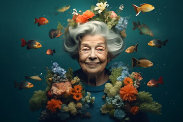 Fototapeta na wymiar Portrait of elder beautiful woman with many flowers underwater.