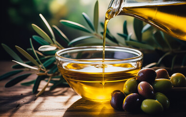 Rustic still life of virgin olive oil.
