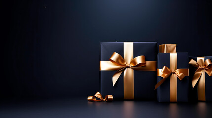Black background with black gift boxes and golden ribbon bow. Wallpaper with copy space. Black Friday concept. Template mockup for text, logo and product presentation.