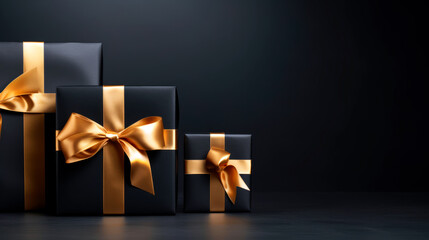 Black background with black gift boxes and golden ribbon bow. Wallpaper with copy space. Black Friday concept. Template mockup for text, logo and product presentation. - obrazy, fototapety, plakaty