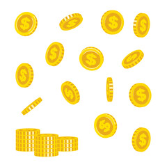 いろいろな角度のコインとコインが積み重なったイラストセット