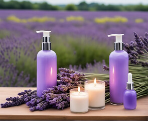 Obraz na płótnie Canvas product photograph of beauty cosmetic products : lavender and essential oil cosmetic bottles/ cream, shampoo containers without labels in a scenic lavender field