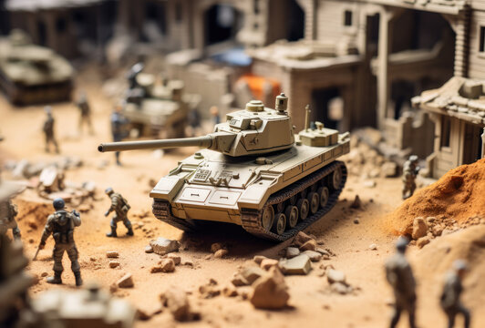 Toy soldiers and military machinery. Miniature composition of the battle.