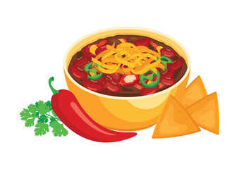 Mexican chili con carne bowl vector illustration. Traditional Mexican spicy dish with meat, kidney beans, cheese and nacho chips icon vector isolated on white background