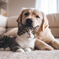 Planet photo of a dog with his tongue out cat is cuddling, generative ai