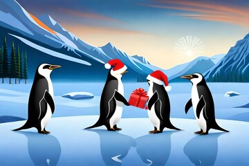 A group of penguins in Santa hats exchanging gifts in Antarctica