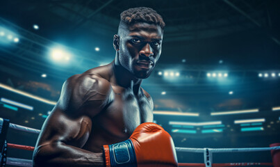 Fototapeta na wymiar Emotional strong man boxers in dynamic action in boxing ring 