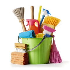 Cleaning service. Bucket with sponges, chemicals bottles and mopping stick. Rubber gloves and towel. Household equipment.Background