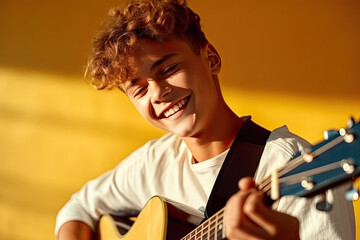 Happy teenage boy playing the guitar on a yellow background. Place for text