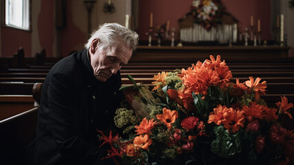 Senior man grieving putting flower bouquet on a coffin in the church cemetery during funeral. Love for ages
