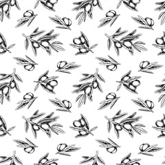 Olive branches, leaves and fruits. Seamless pattern. Hand draw illustration in sketch style. Engraving. Background for fabric, packaging paper, scrapbooking, product packaging design