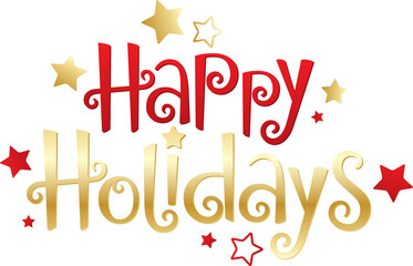 HAPPY HOLIDAYS red and gold festive lettering banner on transparent background