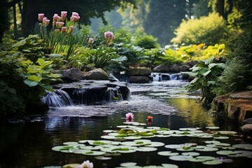 A peaceful garden pond with water lilies and a gentle waterfall, creating a sense of serenity.
