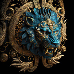 Fototapeta na wymiar Majestic Mayan Lion: Intricate Blue and Gold Artistry Against a Stark Black Background