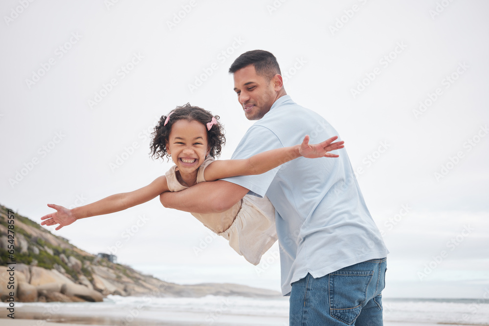 Poster Beach, airplane and girl child with father in nature happy, bond and having fun together. Flying, freedom and face and kid with parent at the ocean with love, support and games, care or trust outdoor