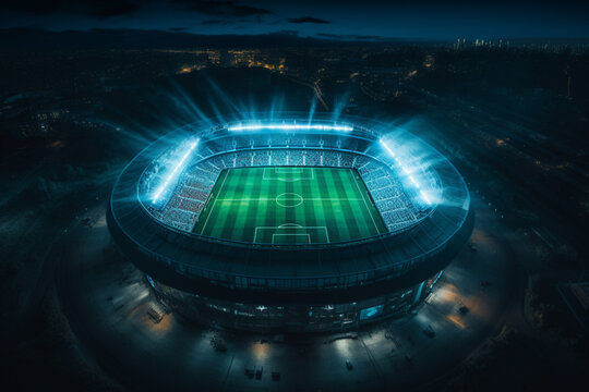 Aerial view on soccer stadium in evening time, Football arena with people city, championship, live TV channel, Broadcast of the match