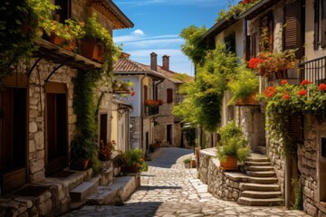 A charming European village with cobblestone streets and charming architecture.  - obrazy, fototapety, plakaty