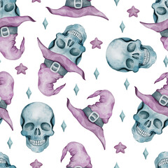 Watercolor Halloween Hand Drawn Seamless Pattern with Skull