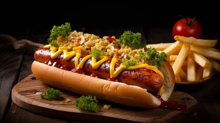 Classic fast food hot dog served with mustard on a rustic wooden board. Served with potato chips and sauces.