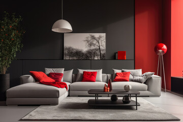 Cozy and modern living room interior with comfortable furniture, stylish decor, and vibrant red and gray colors, creating an inviting ambiance for family and friends to relax, entertain