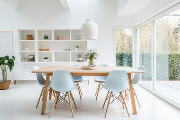A Serene Scandinavian Dining Room with Elegantly Minimal White Walls, Light Wood Furniture, and an Abundance of Natural Light, Embodying the Peaceful and Functional Simplicity of Scandinavian Decor.