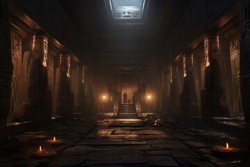 An ancient Egyptian temple with hieroglyphics and mystical symbols, shrouded in history and mythology. 