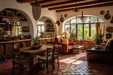 A captivating Mediterranean Bohemian dining room with vibrant patterns, natural materials, and intricate wooden accents, creating an inviting ambiance adorned with artistic and ornate furniture