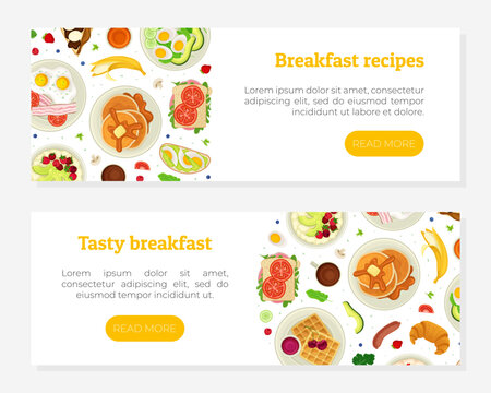 Breakfast Tasty Food Banner Design with Served Meal Vector Template