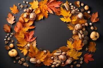 Autumn decoration with colorful autumn leaves, ginkgo trees, and nuts in a circular frame. Generative AI