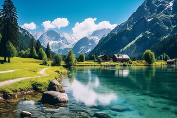 scenic view of picturesque lake in Austria. Generative AI